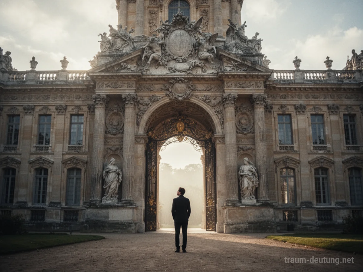 Eine Person steht vor dem Eingang eines prunkvollen Palastes.
