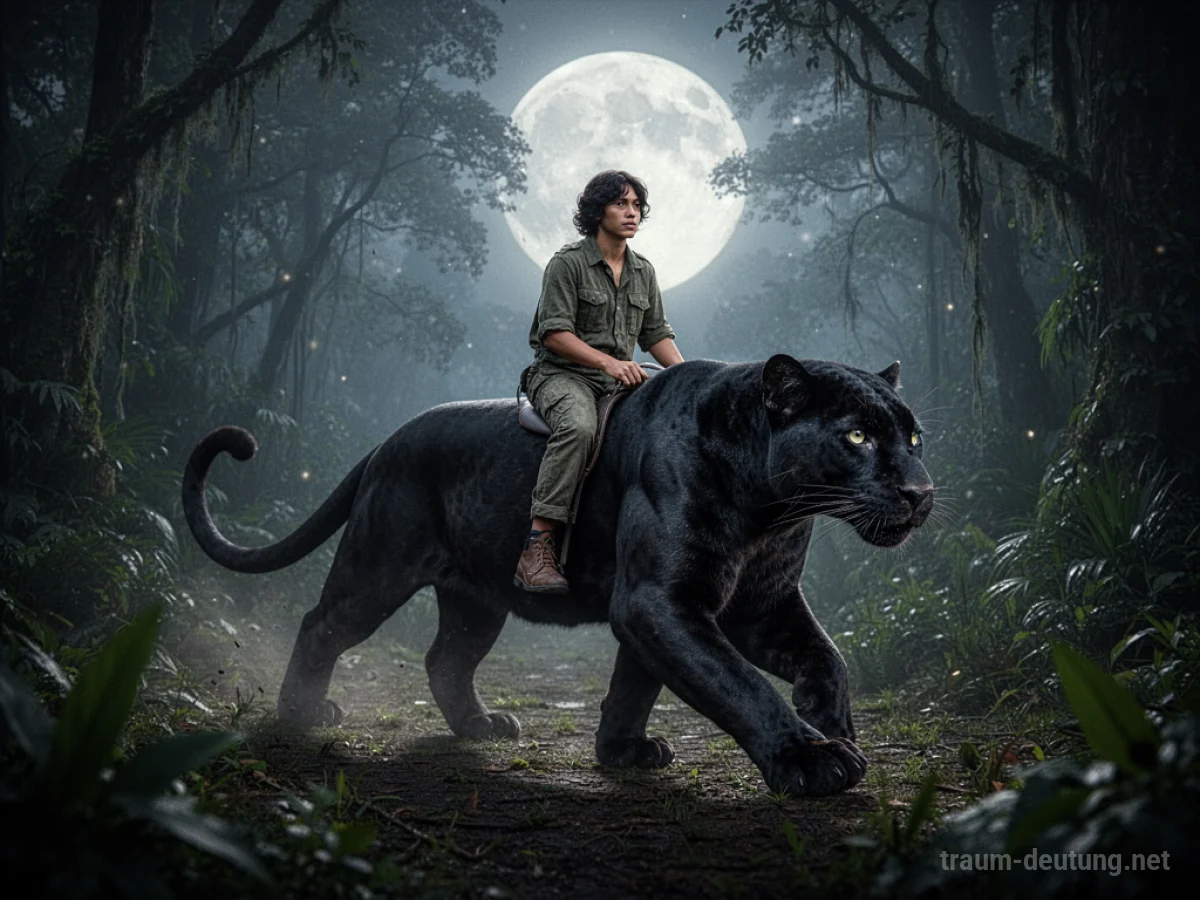 Eine Person reitet auf einem schwarzen Panther durch einen dichten Dschungel im Mondlicht.