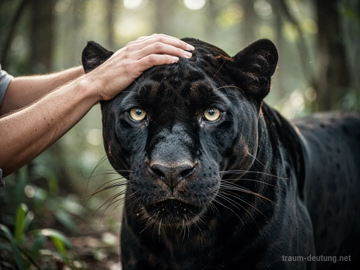 Hand streichelt Kopf eines schwarzen Panthers in natürlicher Umgebung