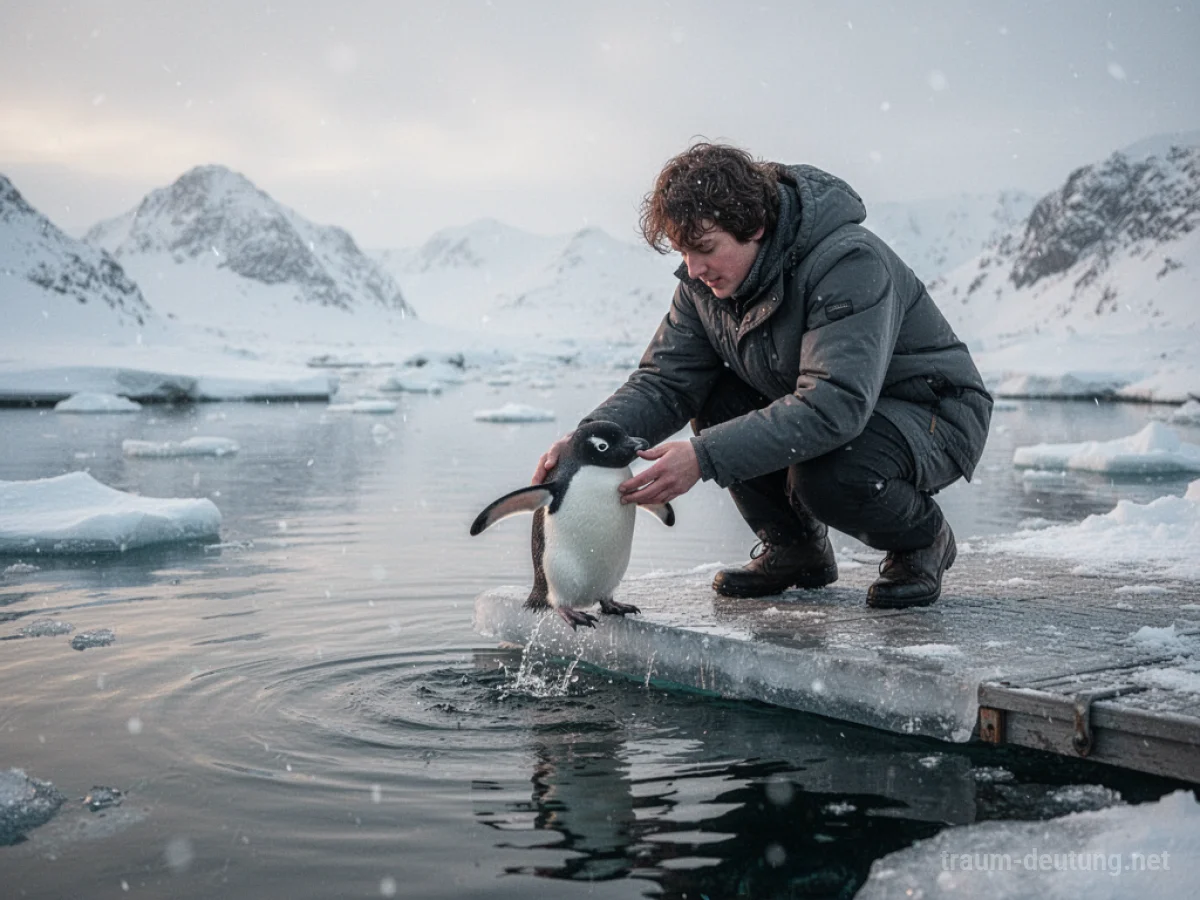 Person rettet Pinguin aus eisigem Wasser auf eine sichere Plattform.