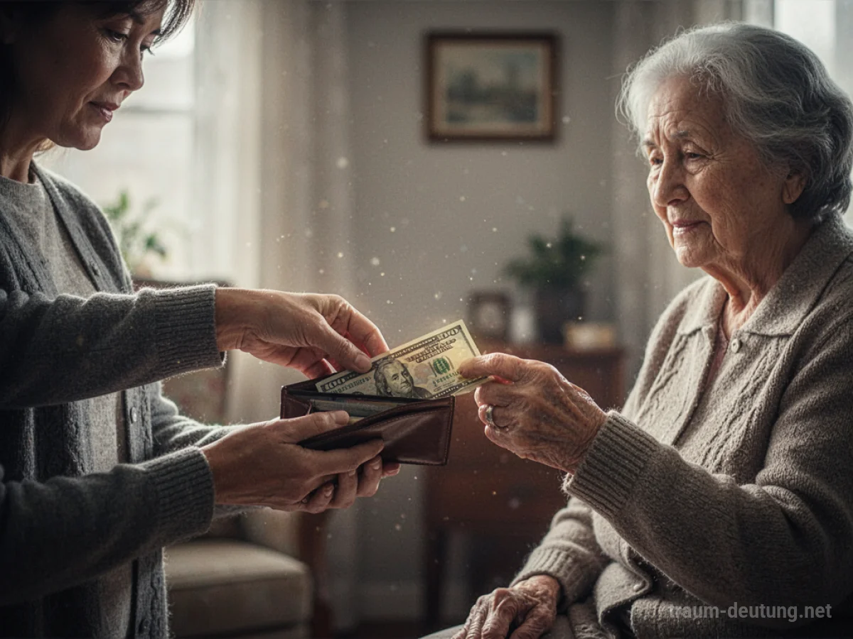 Eine Hand gibt Geld an eine ältere Frau, symbolisiert die finanzielle oder emotionale Beziehung.