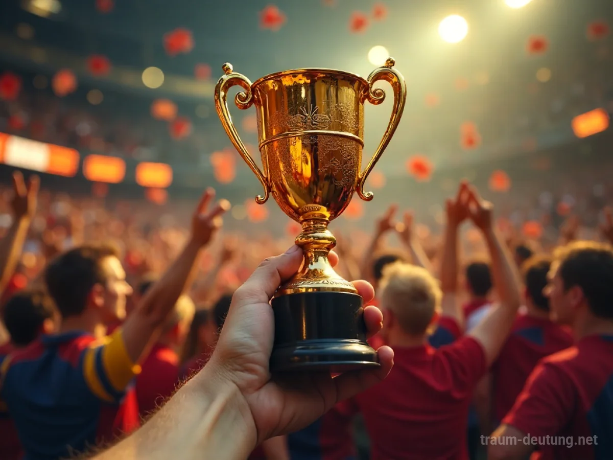 Hand hält eine goldene Trophäe über einem jubelnden Publikum.