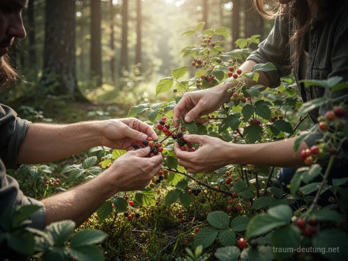 Hände pflücken reife Beeren von einer grünen Pflanze im Sonnenlicht