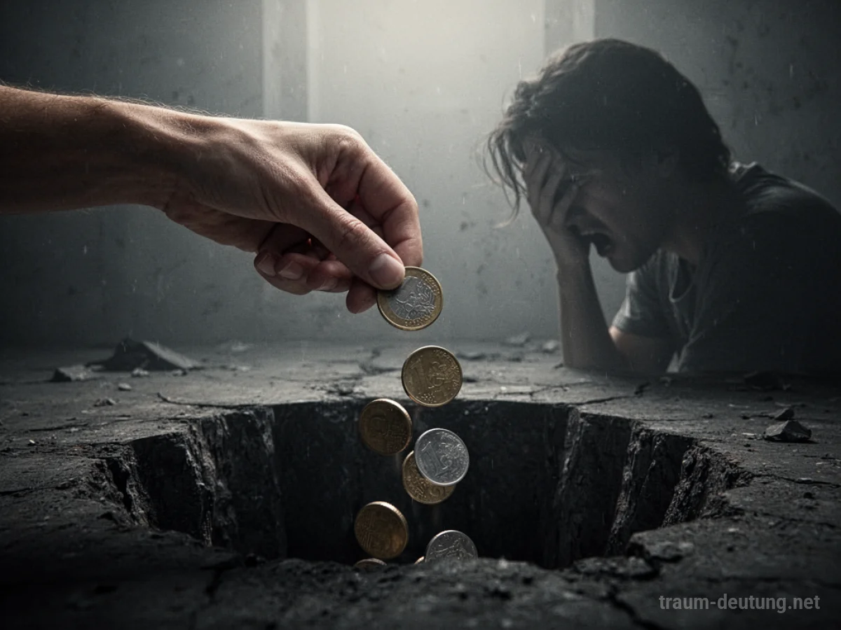 Verlorenes Geld fällt in einen dunklen Abgrund, eine Silhouette blickt besorgt.