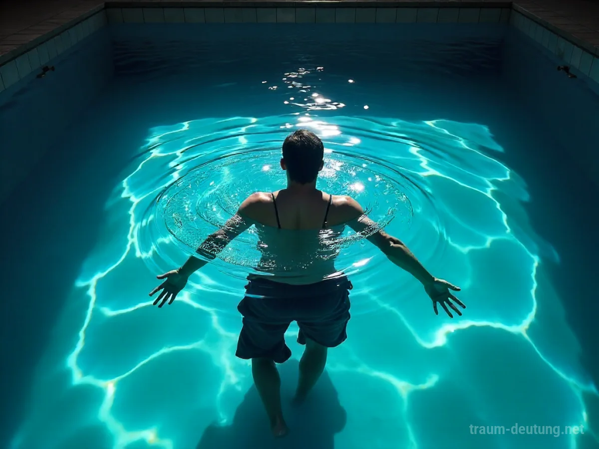 Person kämpft im Pool ums Überleben, dunkler Schatten darüber