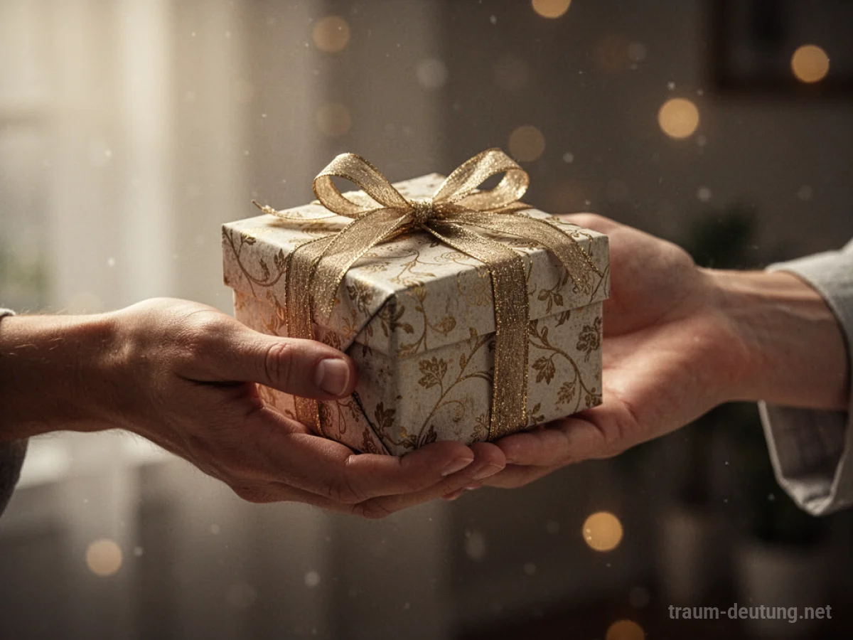 Ein Partner reicht dem anderen einen liebevoll verpackten Geschenkekarton.