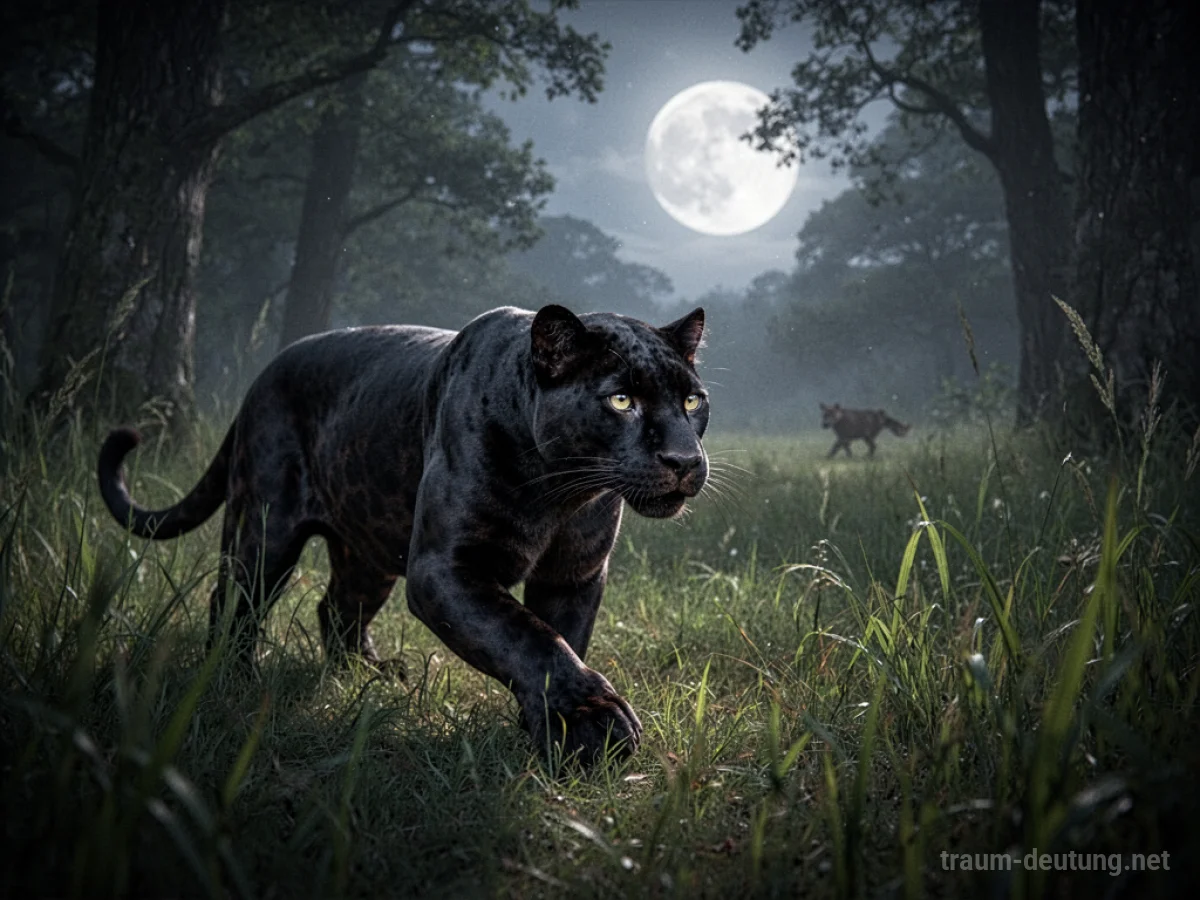 Schwarzer Panther schleicht durch hohes Gras, im Visier auf Beute.