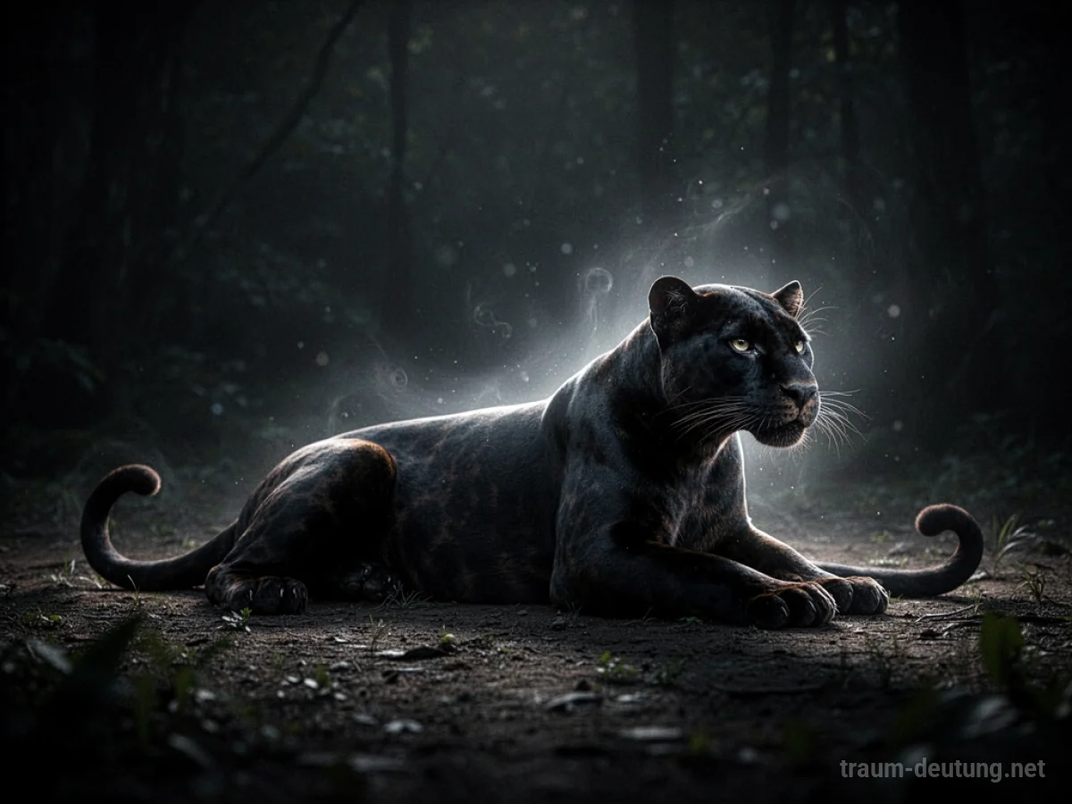 Stilisierte Silhouette eines Panthers, der reglos am Boden liegt, mit einem leichten Schimmer.