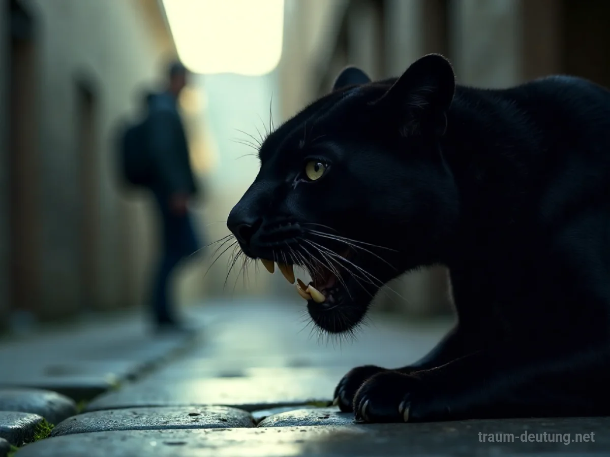 Ein Panther faucht bedrohlich, Nahaufnahme mit unscharfer menschlicher Figur im Hintergrund.