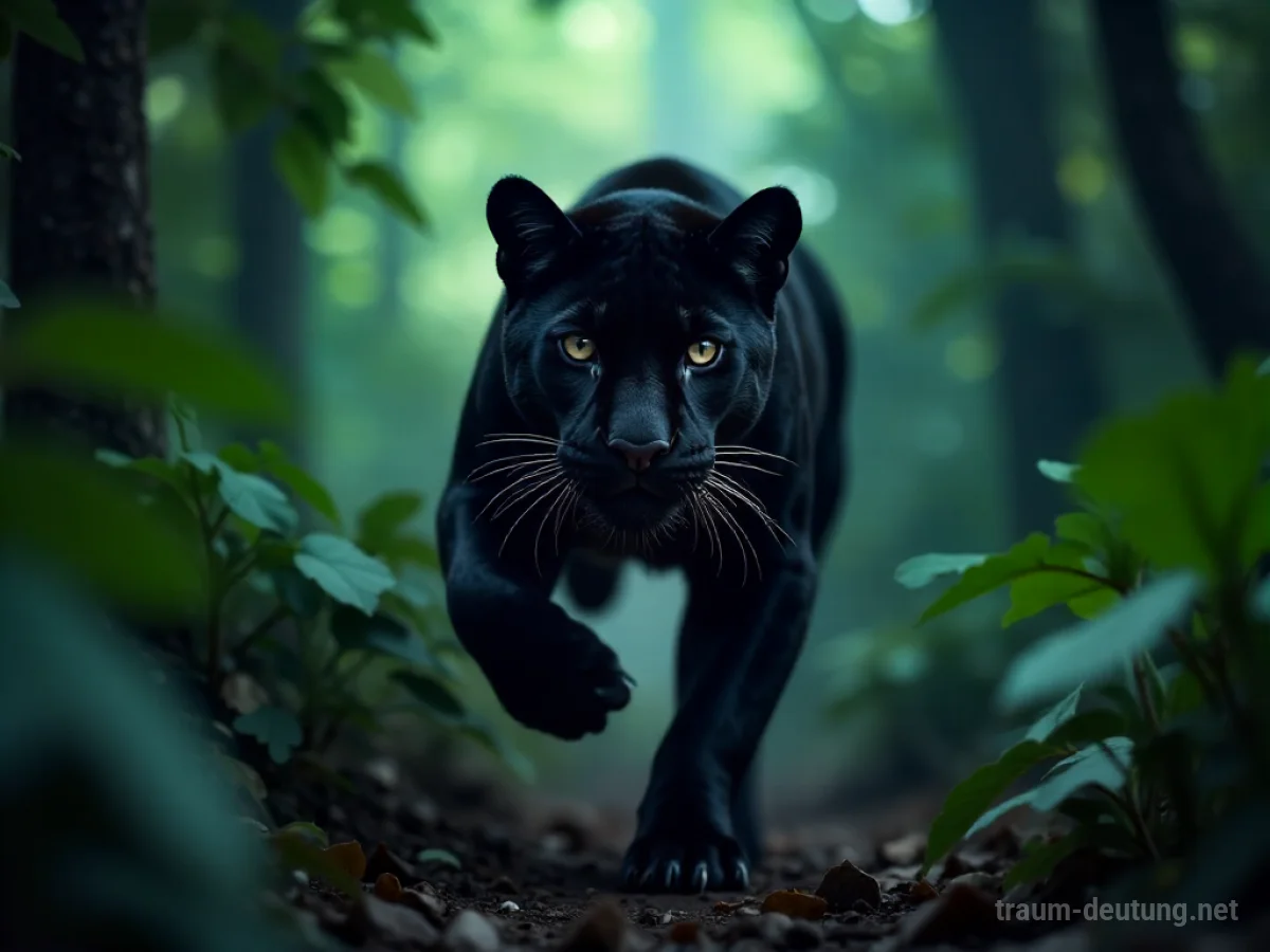 Schwarzer Panther springt aus dem Schatten im Dschungel auf den Betrachter zu.