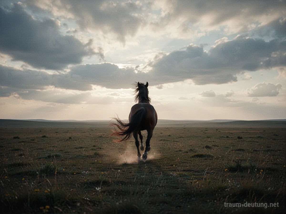 Pferd galoppiert davon in weite Landschaft.