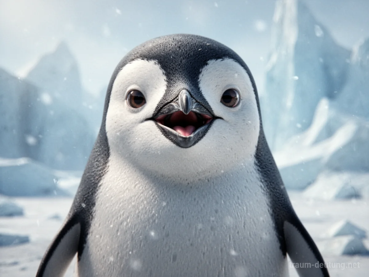 Ein Pinguin mit leicht geöffnetem Schnabel schaut den Betrachter an.