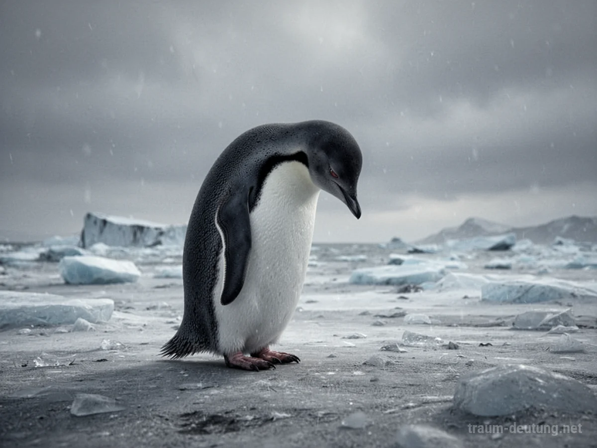 Ein Pinguin steht allein auf einer eisigen, kargen Landschaft.