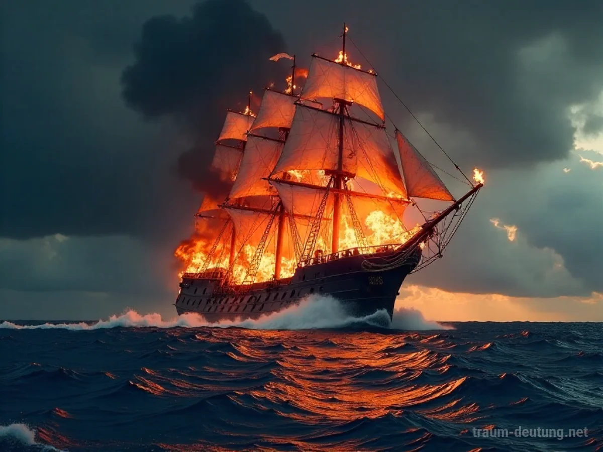 Brennendes Piratenschiff auf stürmischer See bei Nacht