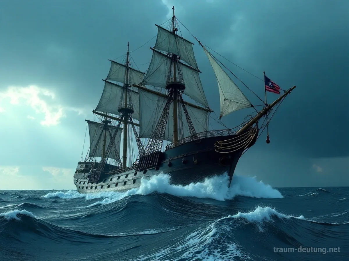 Ein Piratenschiff sinkt in einem stürmischen Meer unter dunklem Himmel.