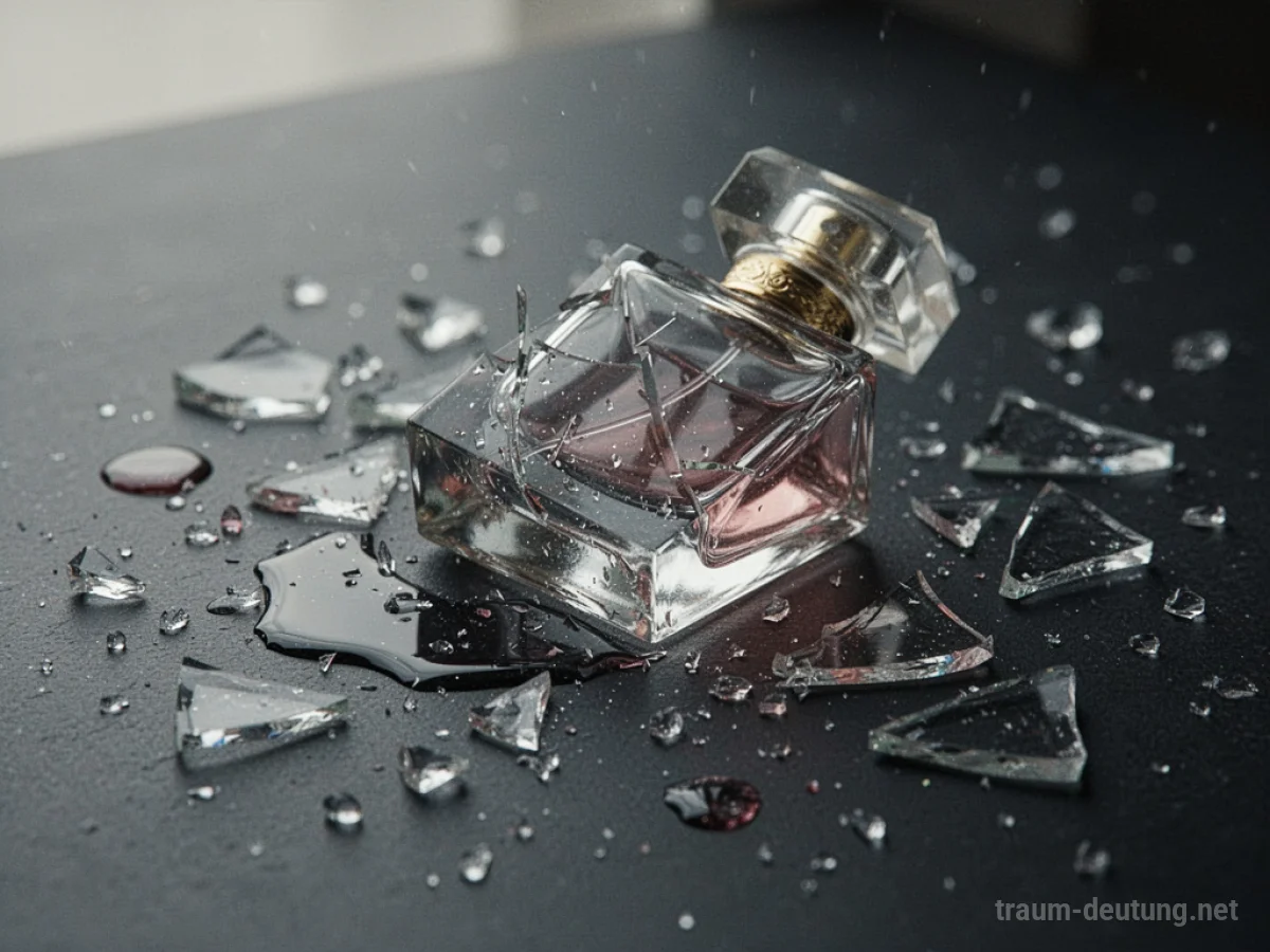 Zerbrochene Parfümflasche mit verstreuten Tropfen auf dunklem Grund.