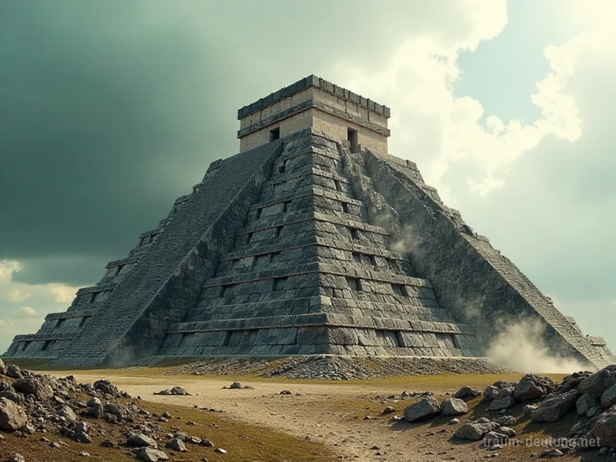 Zerfallende Pyramide vor stürmischem Himmel