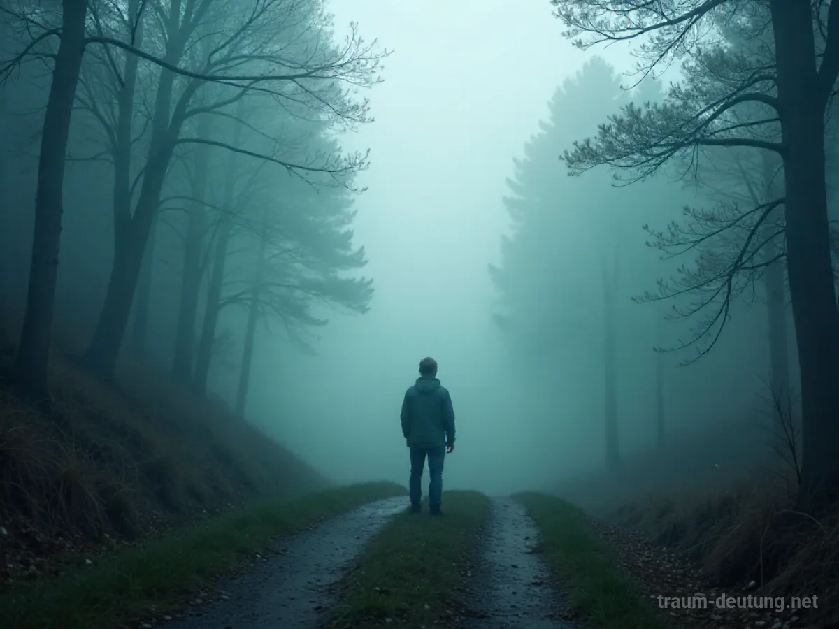 Eine Person steht auf einem Weg, der im Nebel endet.