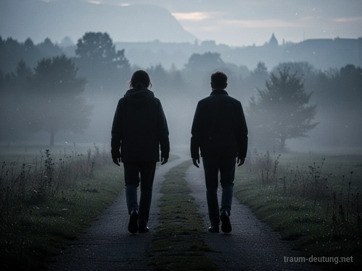 Zwei Silhouetten trennen sich auf einem Weg im Nebel.