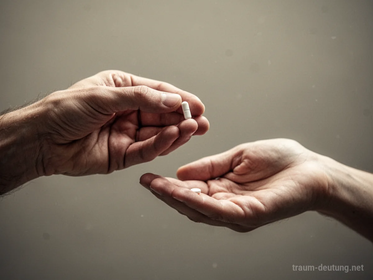 Hand reicht eine Pille an eine andere Hand