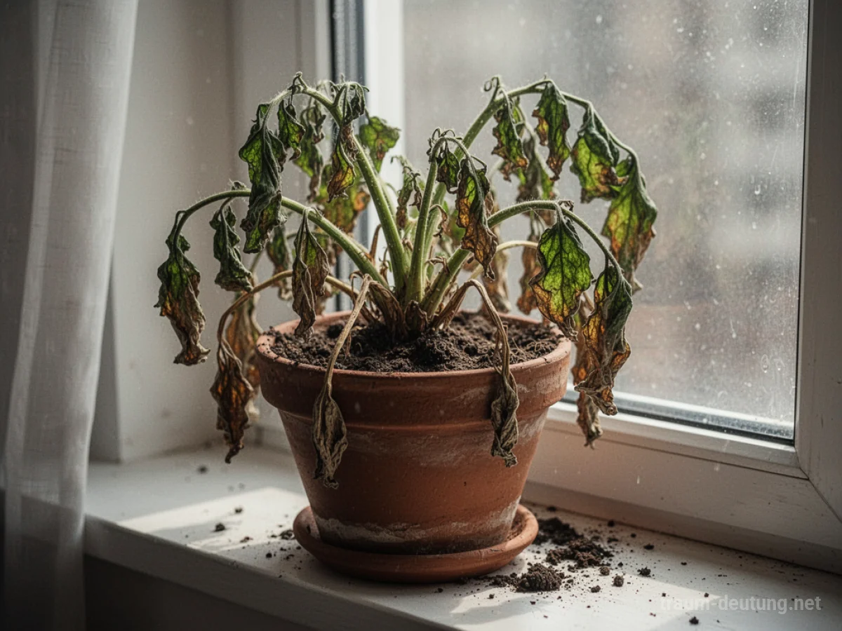 Welkende Topfpflanze mit trockener Erde auf einem Fensterbrett.