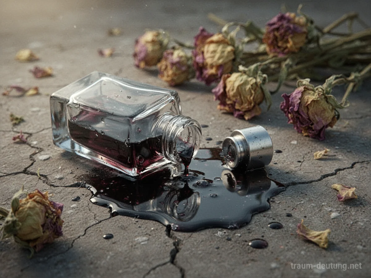 Zerbrochene Parfümflasche mit fauligem Inhalt auf rissigem Boden.
