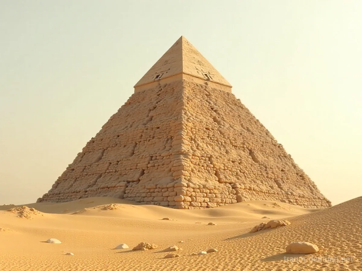 Eine Pyramide verändert ihre Form im Traum, umgeben von Wüstenlandschaft.