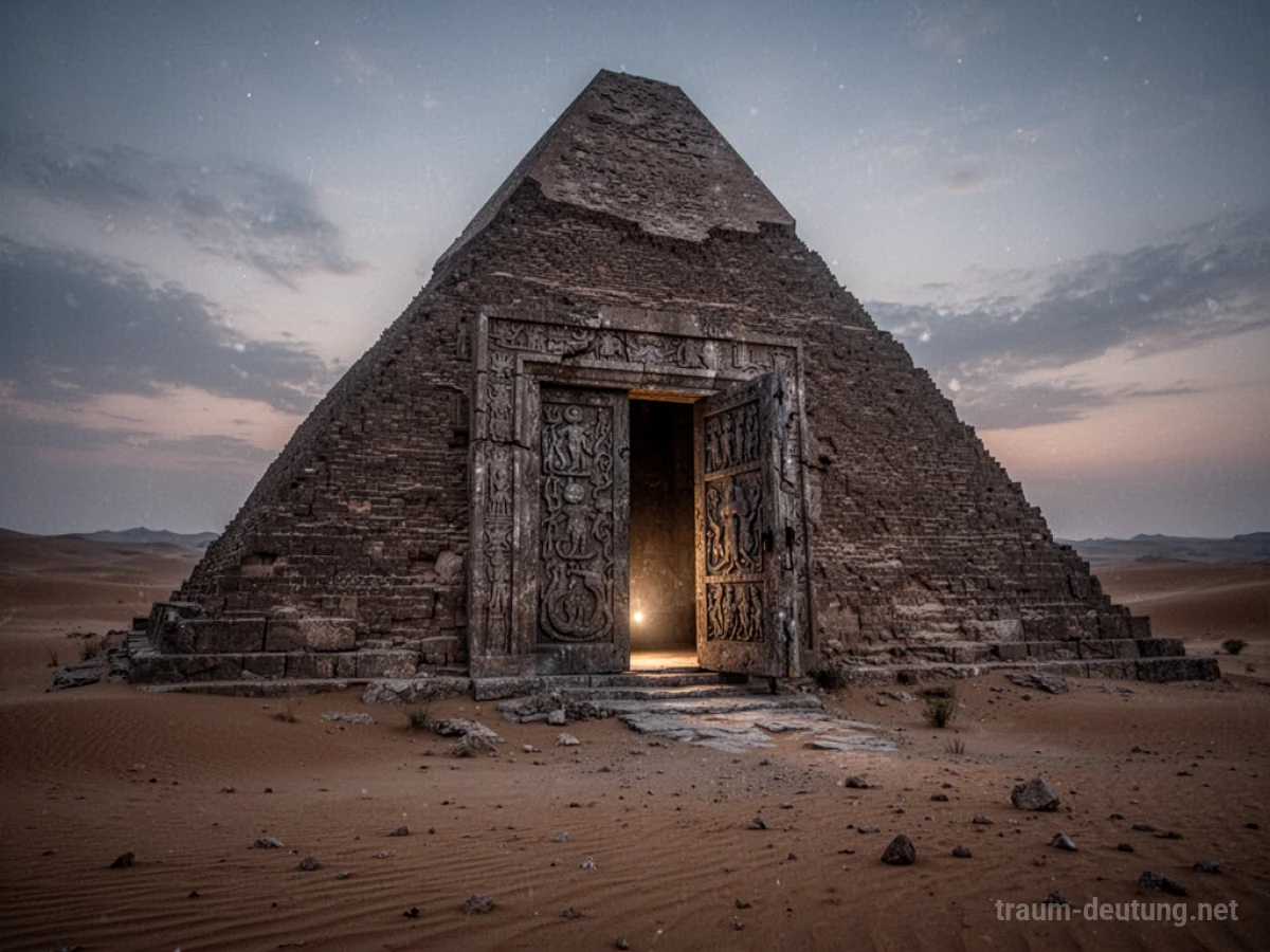 Eine leicht geöffnete Steintür in einer alten Pyramide, aus der geheimnisvolles Licht dringt.