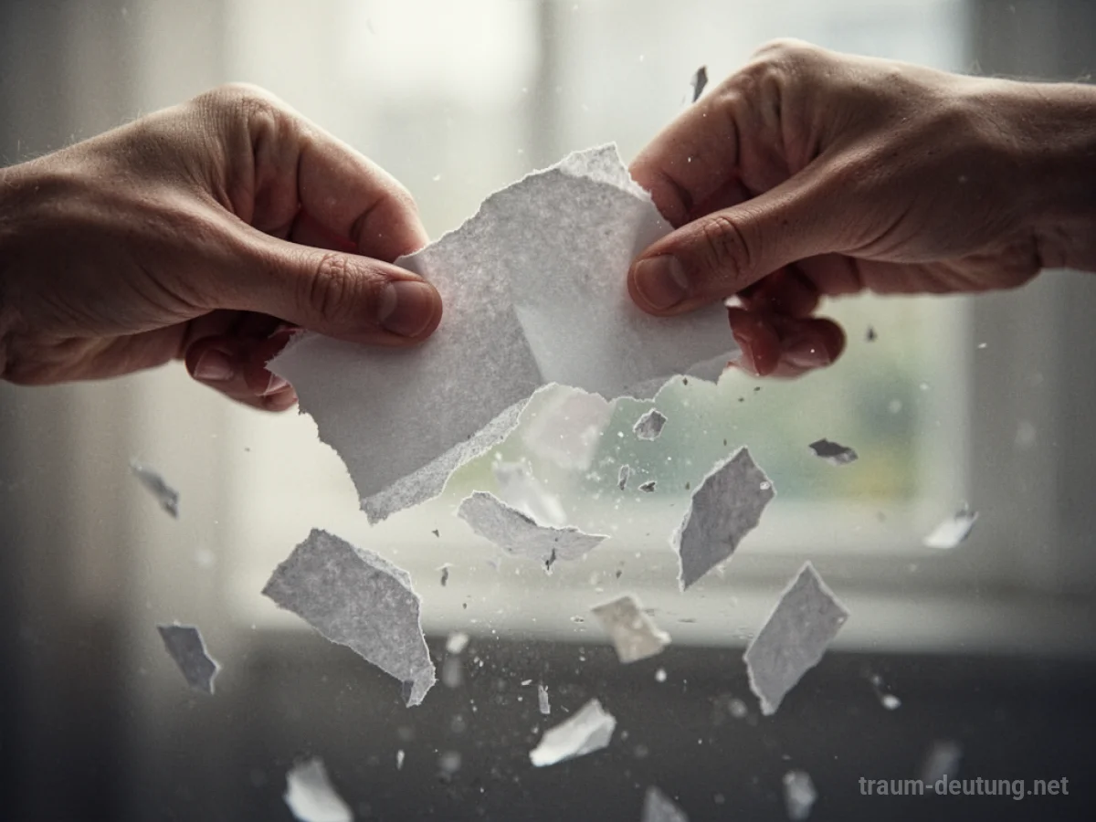 Eine Hand zerreißt ein Blatt Papier, Fragmente schweben davon.