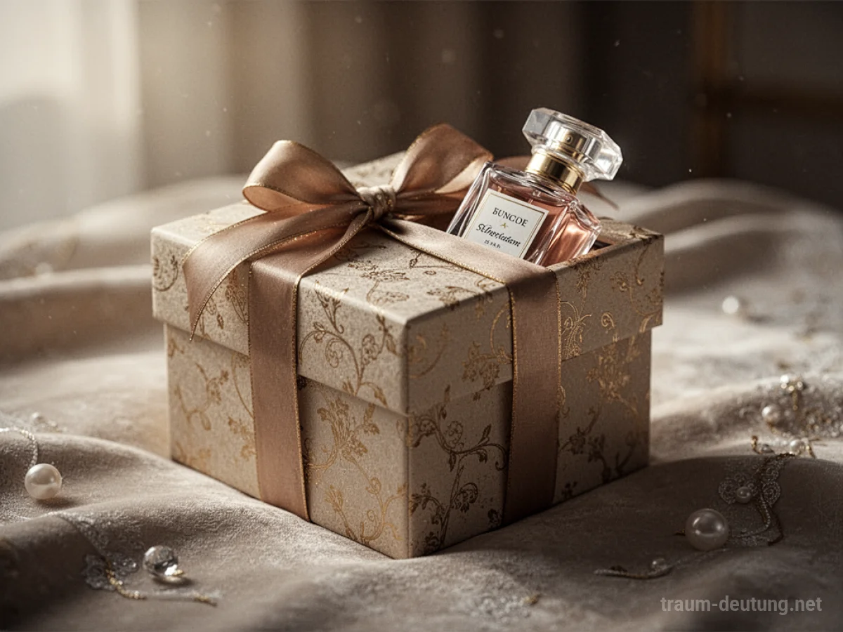 Geschenkbox mit Parfümflasche darauf, sanft beleuchtet.