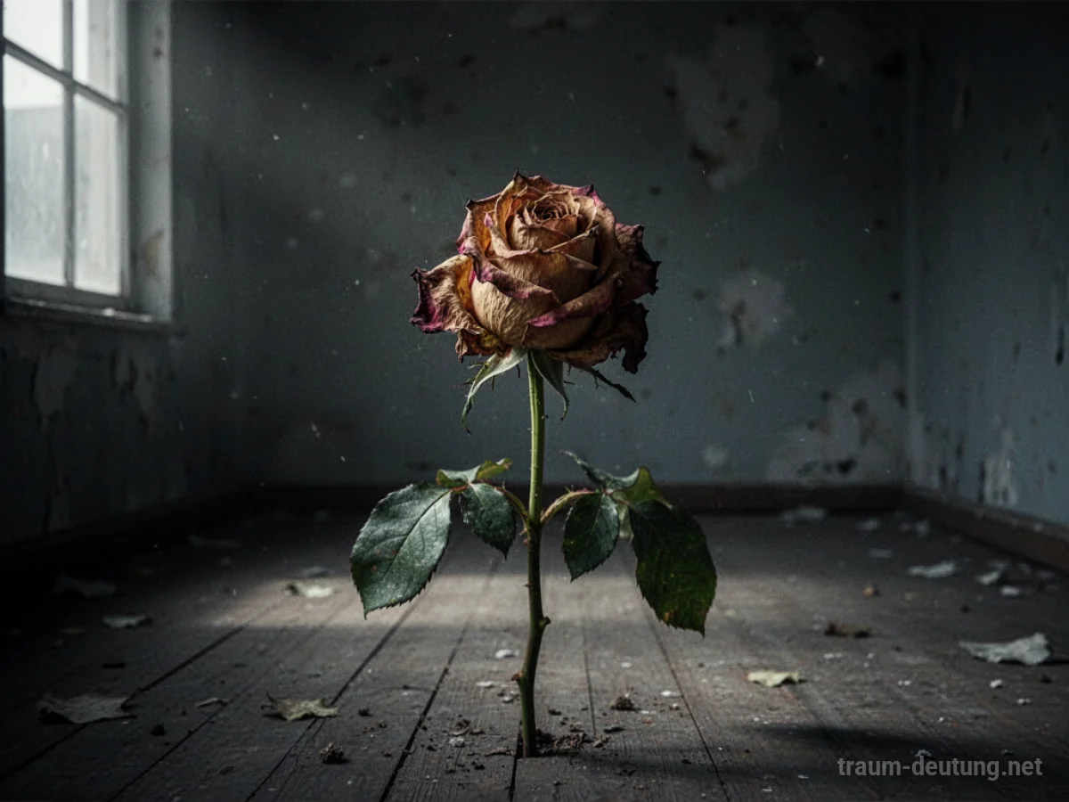 Welkende Rose in einem dunklen Raum als Symbol für den Verlust des Partners im Traum.