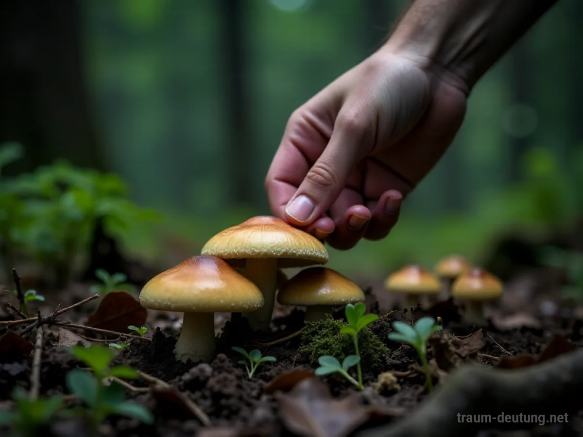 Eine Hand zerdrückt Pilze auf dem Waldboden.