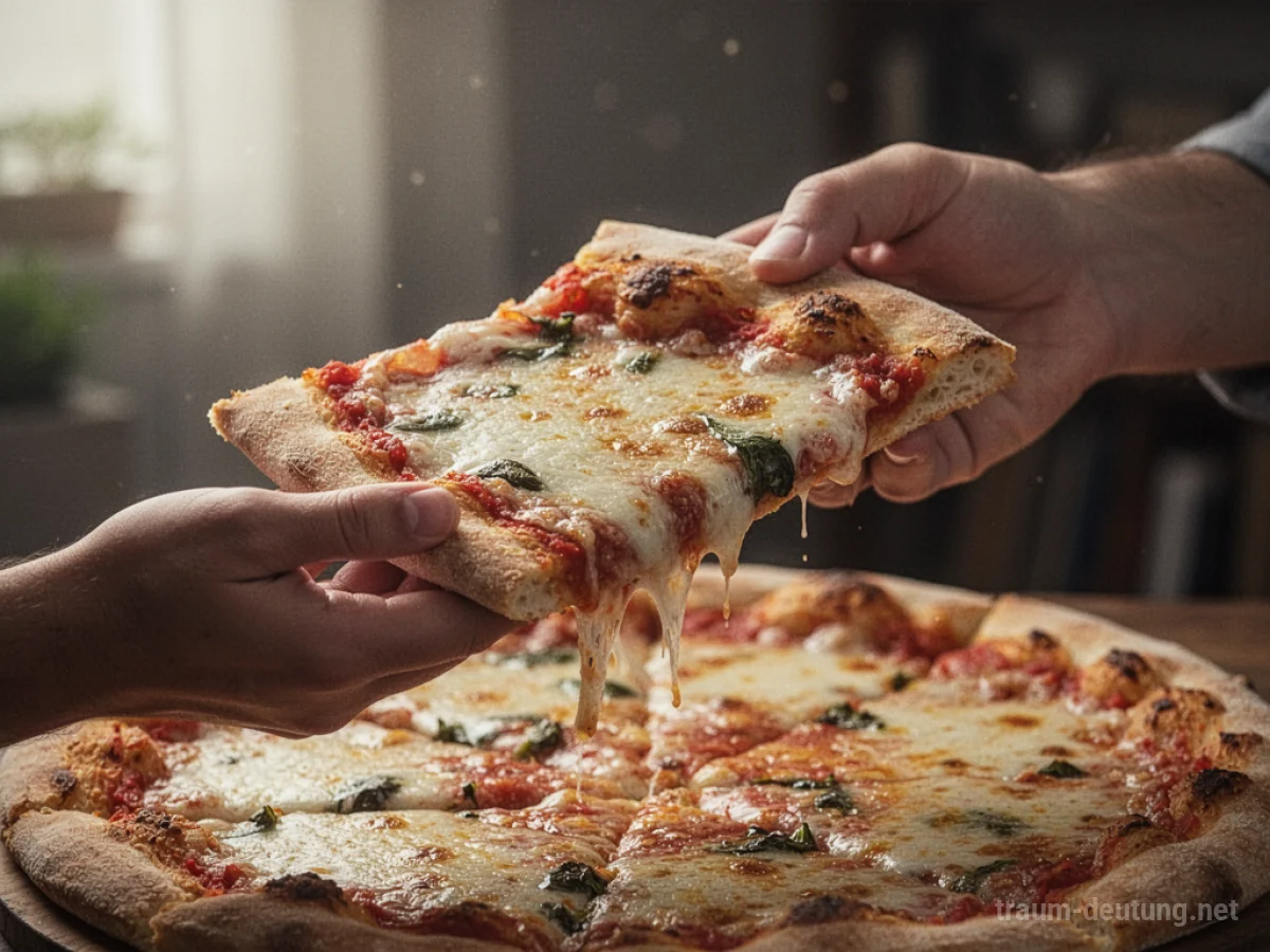 Hand reicht ein Stück Pizza im Traum