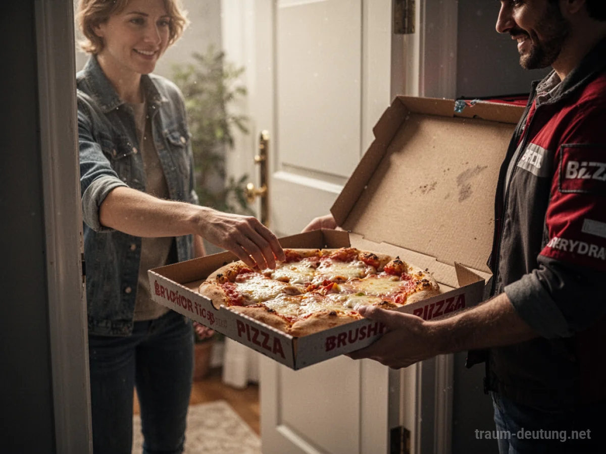 Lieferdienst übergibt Pizzakarton an Person an der Tür