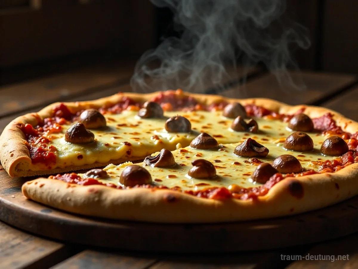 Dampfende Pizza mit Pilzen auf Holztisch