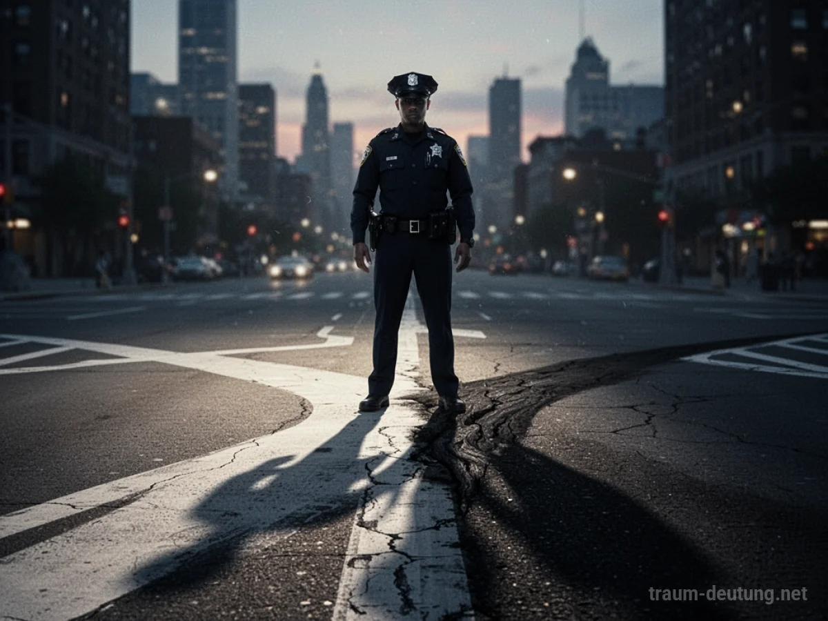 Schattenhafte Polizeifigur an einer dunklen Weggabelung, symbolisiert Zweifel und Korruption.