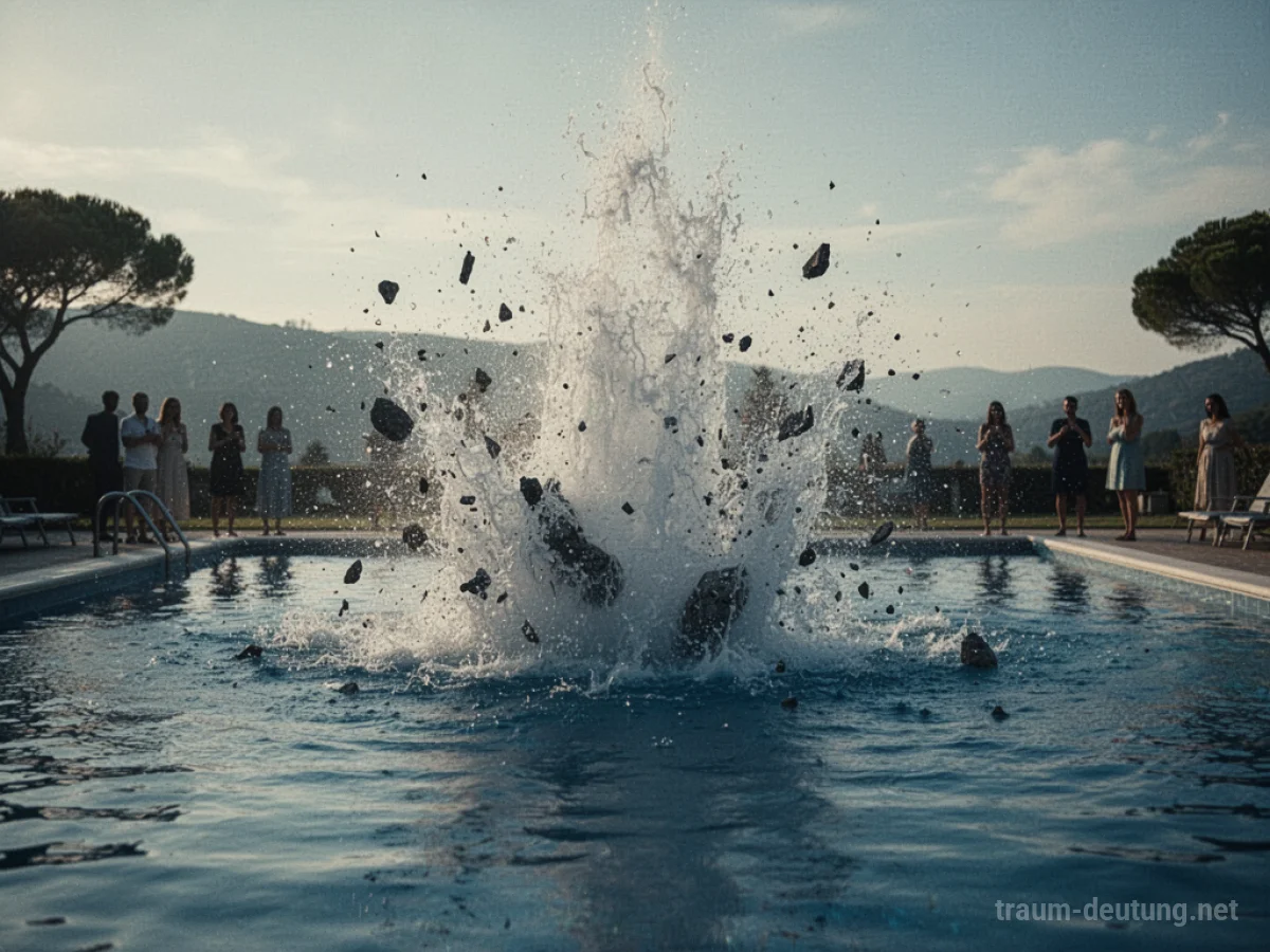Explodierender Pool im Traum mit Wassermassen und Trümmern