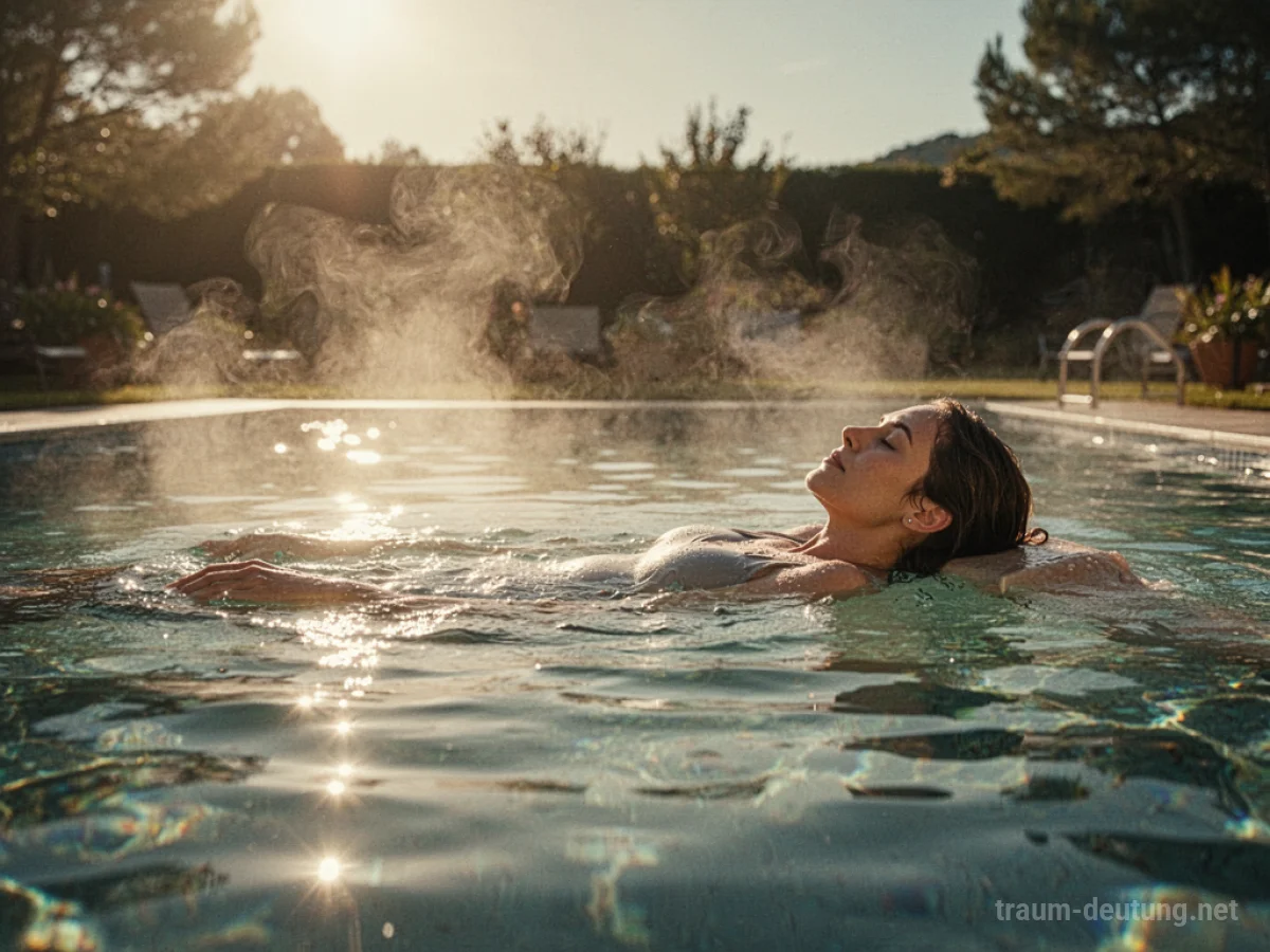Eine Person entspannt in einem warmen Pool an einem sonnigen Tag.