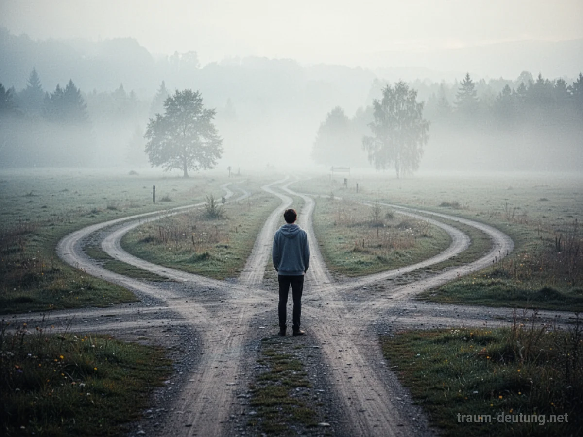 Person steht an einer Weggabelung und blickt orientierungslos in eine neblige Landschaft.