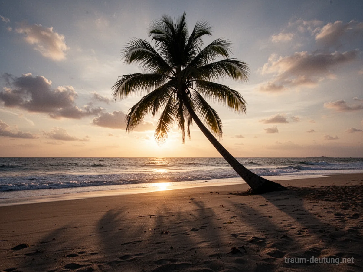 Schatten einer Palme auf sandigem Boden bei Sonnenuntergang