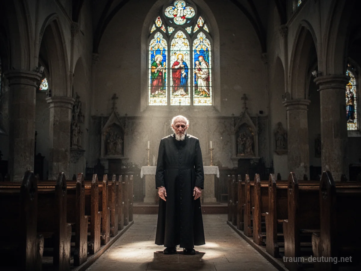 Ein kranker Priester steht im Schein eines Kirchenfensters