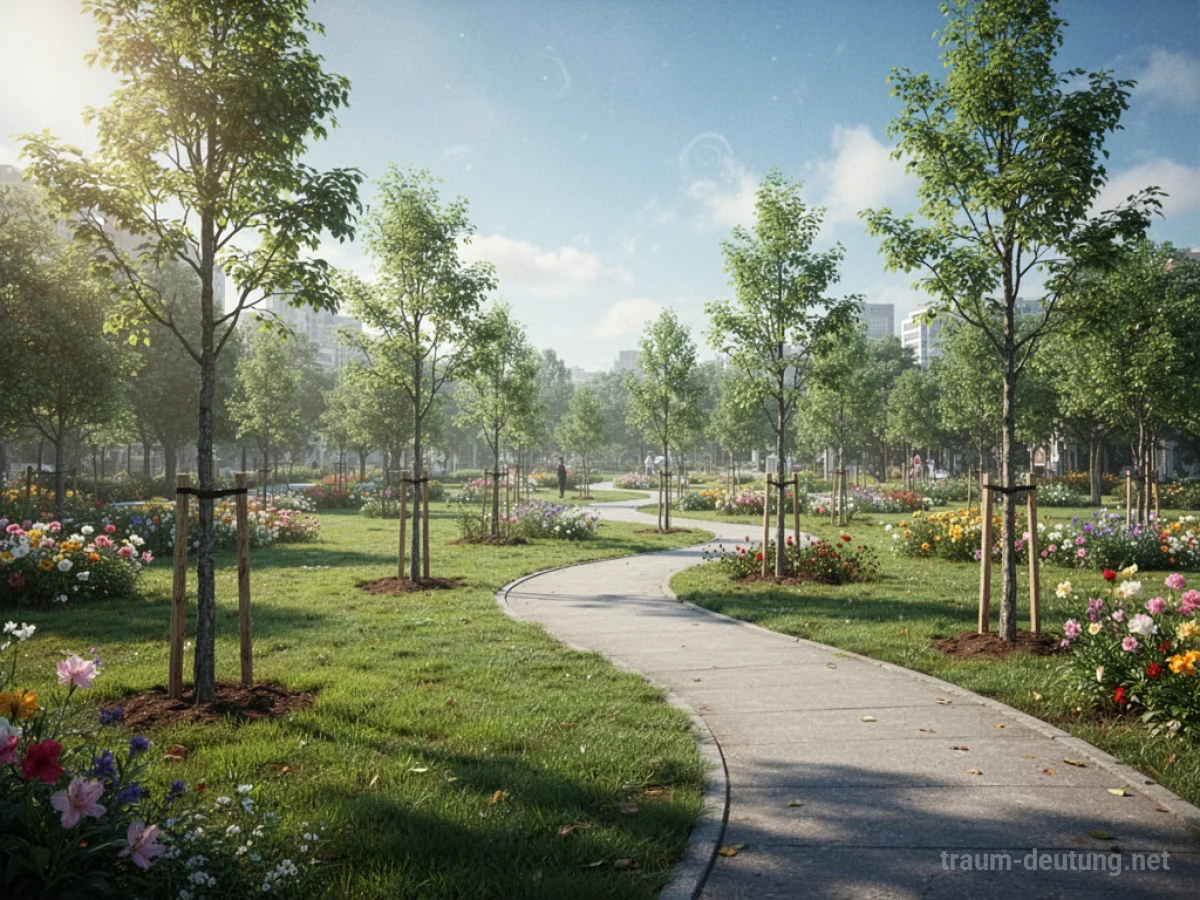 Ein neu angelegter Park mit frischem Grün und jungen Bäumen.