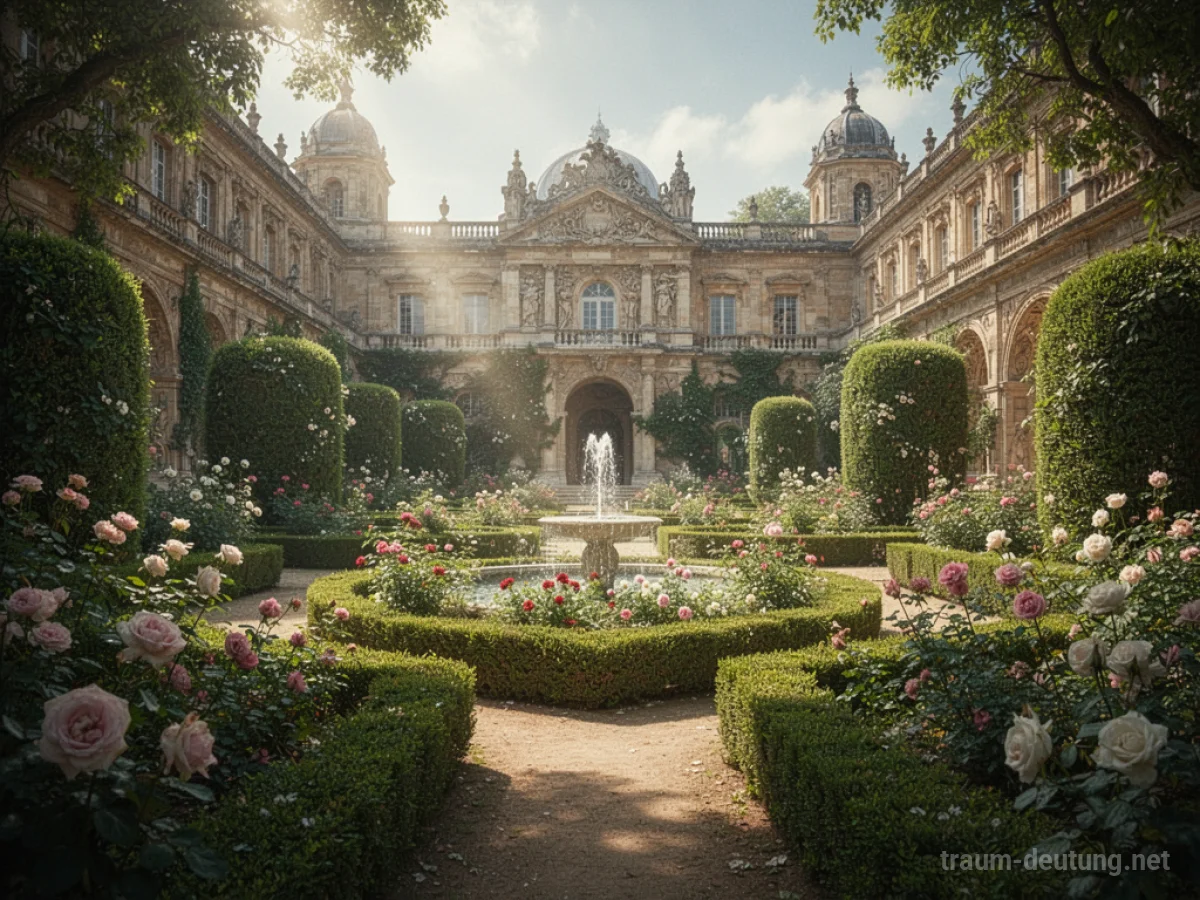 Ein üppiger Palastgarten mit blühenden Blumen und gepflegten Hecken im Sonnenlicht.