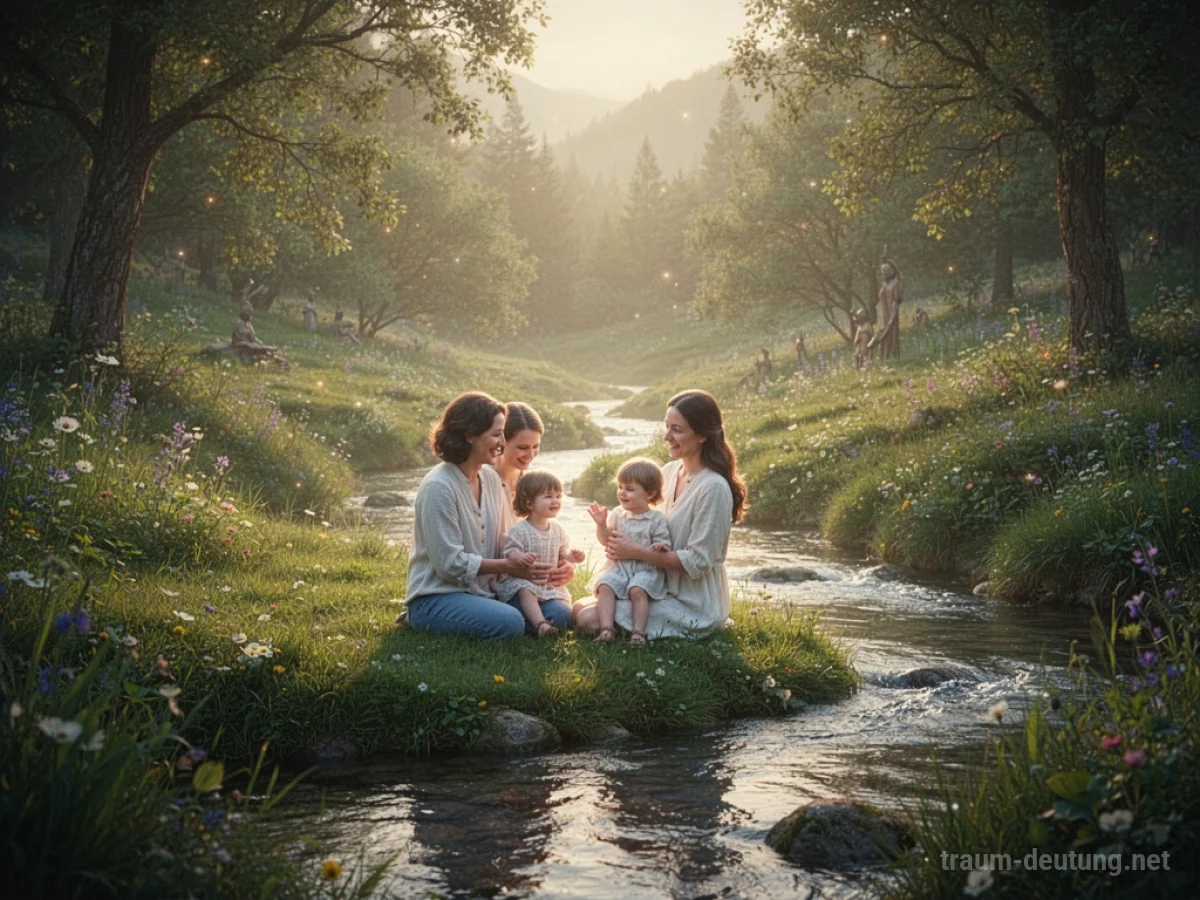 Eine glückliche Familie in einer idyllischen Landschaft, die ein Paradies auf Erden darstellt.