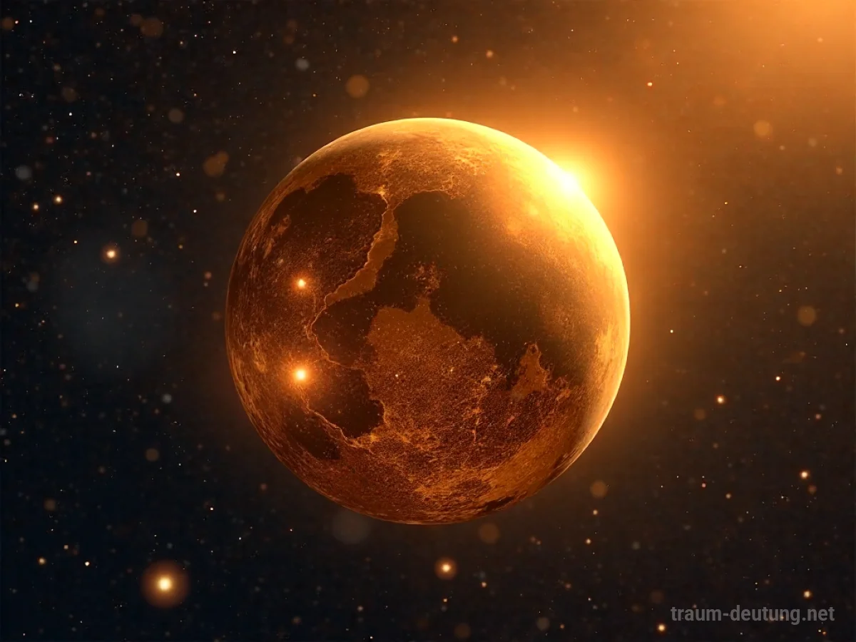 Ein goldener Planet schwebt im Weltall vor einem Sternenhimmel.