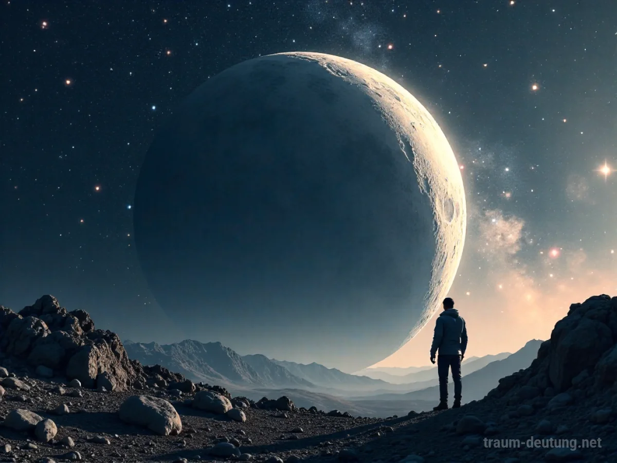 Ein riesiger Planet, der dem Betrachter sehr nah ist, dominiert den Weltraum.
