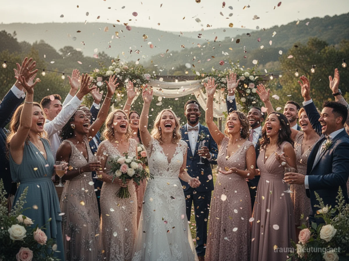 Menschen feiern ausgelassen auf einer Hochzeitsparty im Freien.