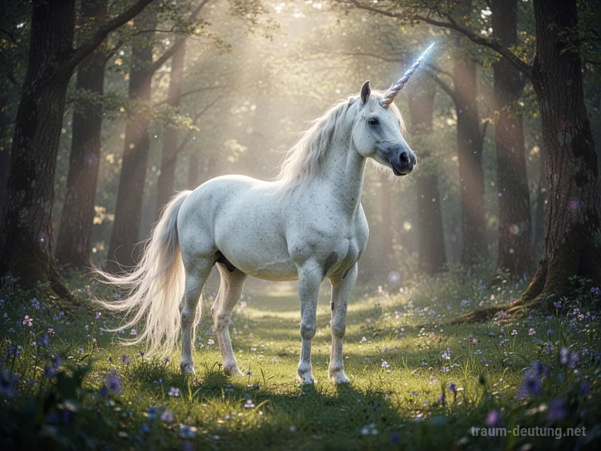 Ein weißes Einhorn steht in einem sonnendurchfluteten Waldlichtung.