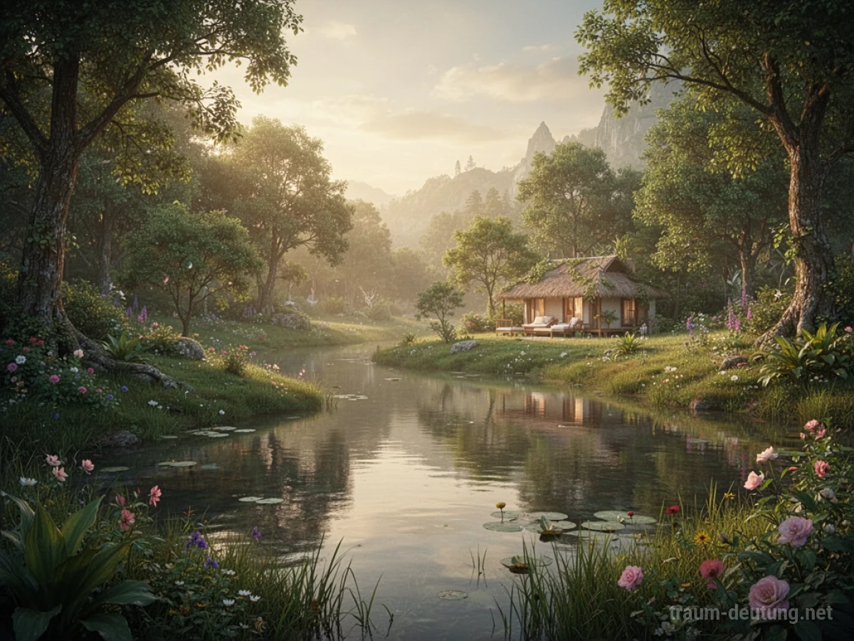 Eine friedliche Landschaft, die ein persönliches Paradies darstellt, mit üppigem Grün und ruhigem Wasser.