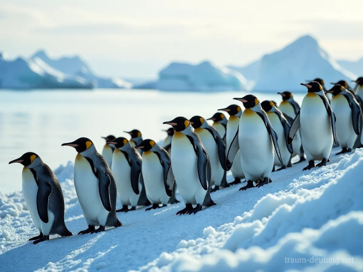 Viele Pinguine stehen dicht gedrängt an einem eisigen Ufer.